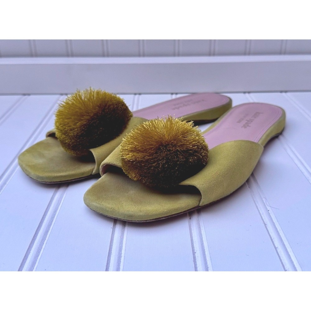 Kate Spade Amour Pom Slide Chartreuse Green Suede Flat Sandals Womens 9.5B
